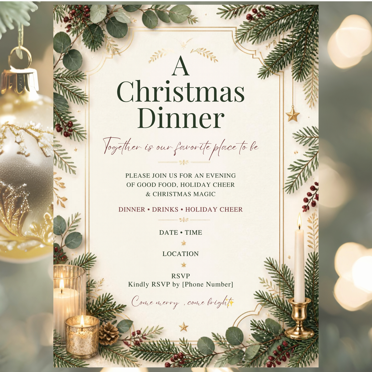 Elegant Christmas Dinner Invitation | Editable Canva Holiday Invitation Template