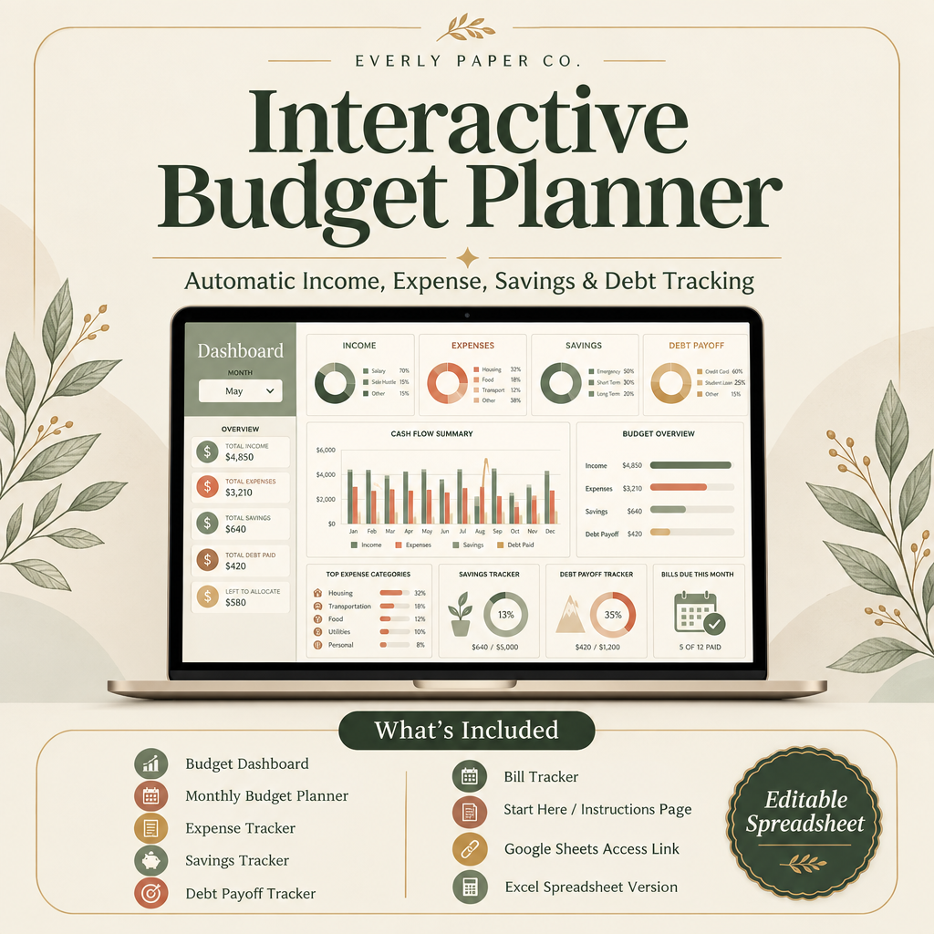 Interactive Budget Planner Spreadsheet | Automatic Expense, Savings & Debt Tracker